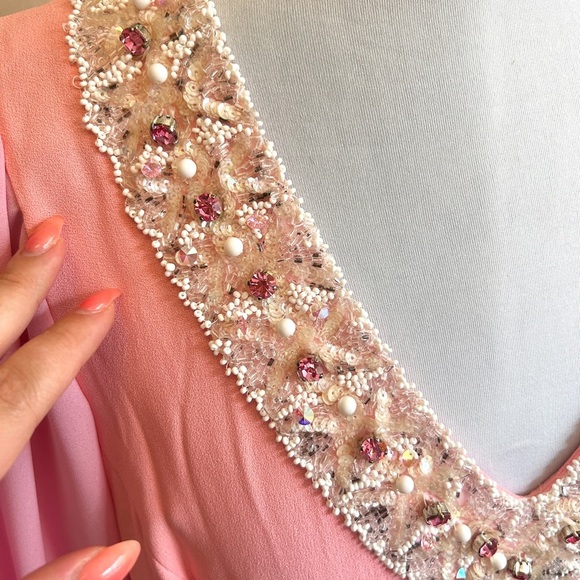 Vintage 60s/70s Pink Mod Beaded Rhinestone Evening Gown Glam Statement Dress XL - Picture 4 of 12